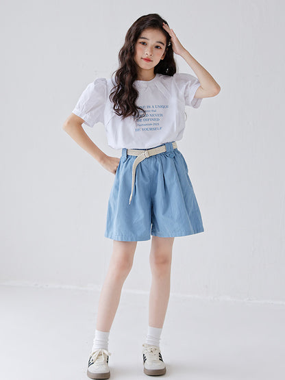 Summer Hot Selling Girls Letters Pattern Short Sleeves T-Shirt And Solid Color Pleated Shorts Clothing Set