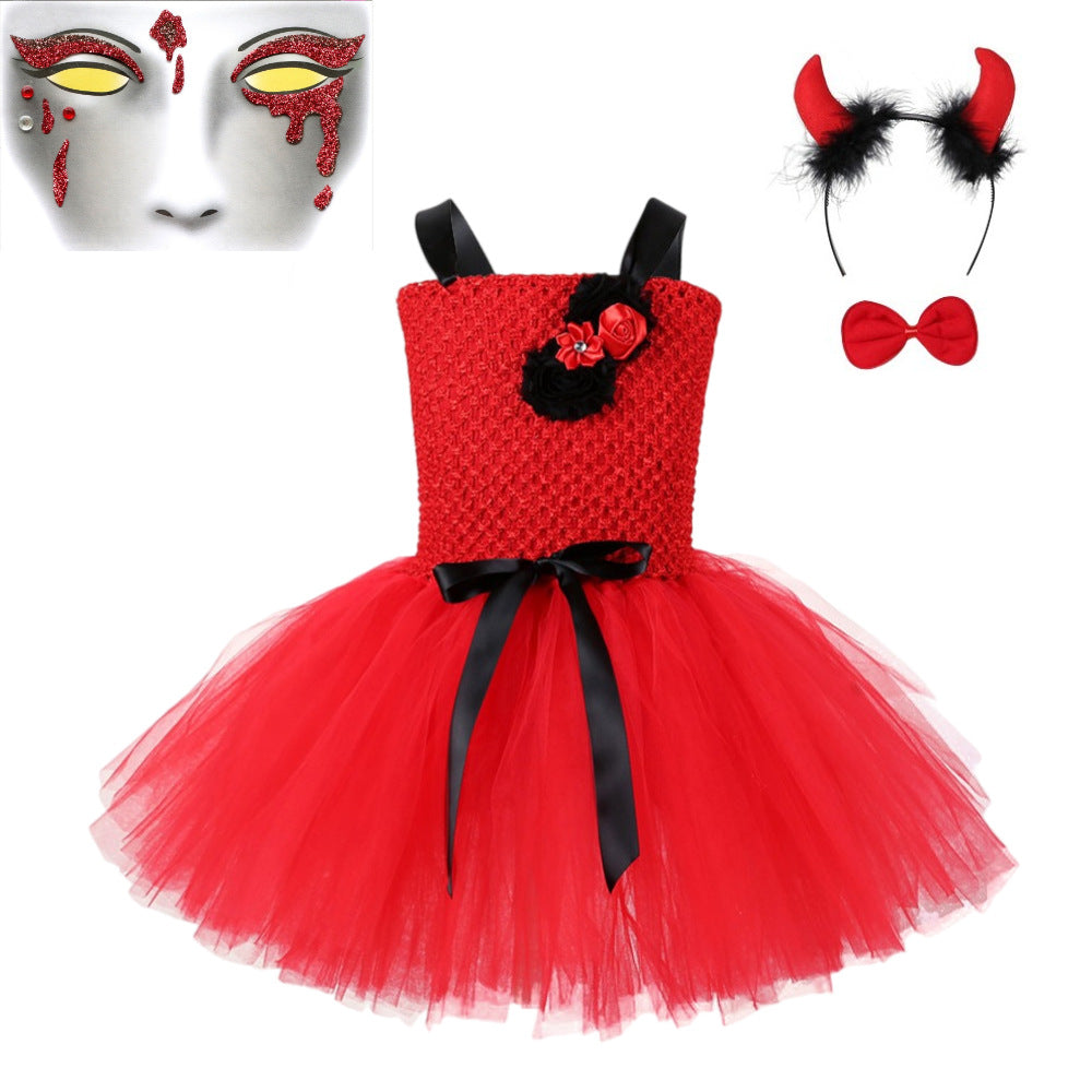 Children Girls’ Halloween Costume Set: Sleeveless Red Tulle Dress with Cosplay Accessories – Sets