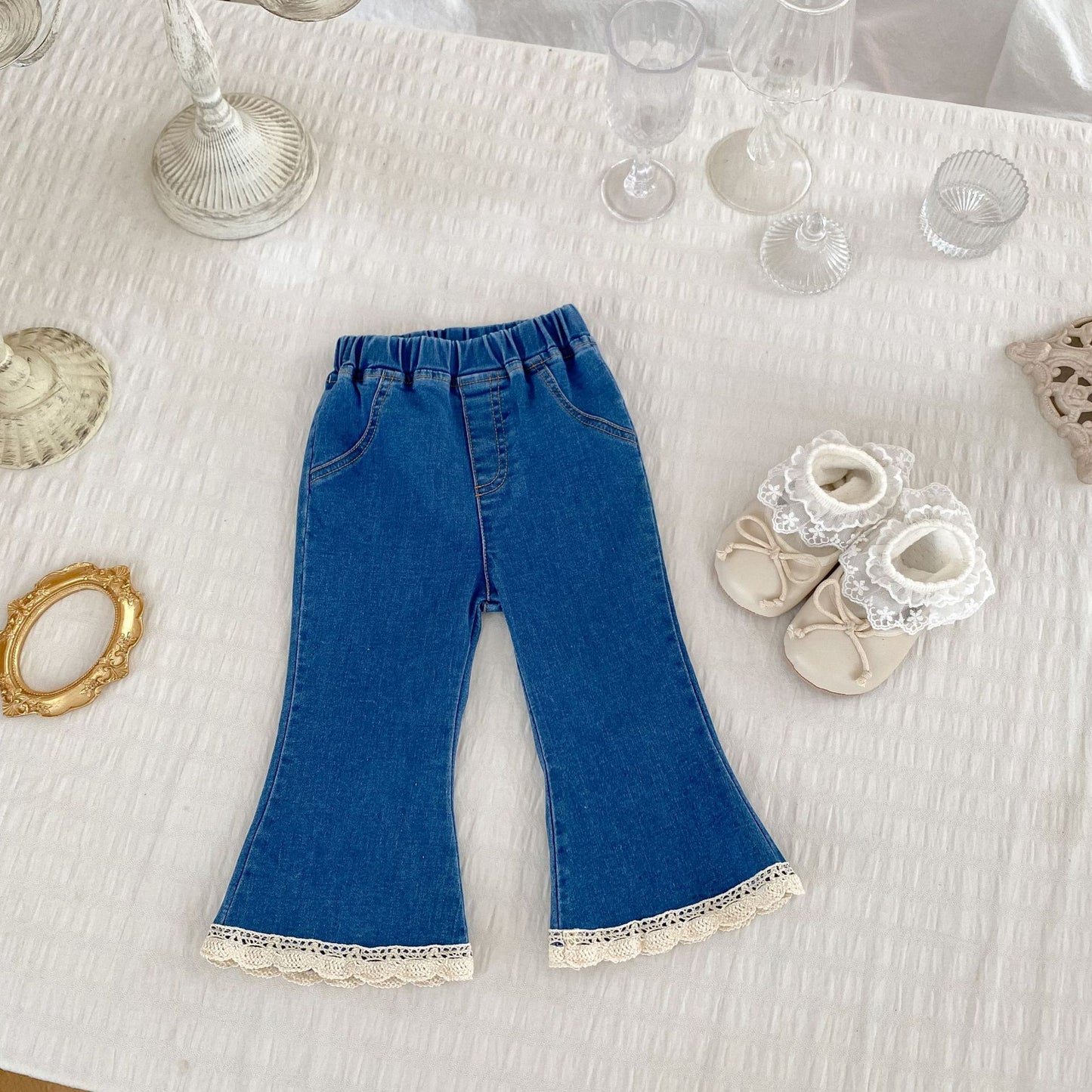 Pantalones vaqueros acampanados de mezclilla azul para niñas y bebés, informales, modernos, de otoño, recién llegados 