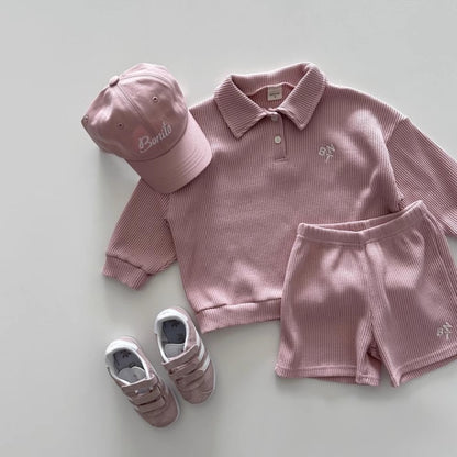 Autumn New Arrival Baby Kids Unisex Casual Simple Versatile Long Sleeves Top Polo Shirt And Shorts, Clothing Set