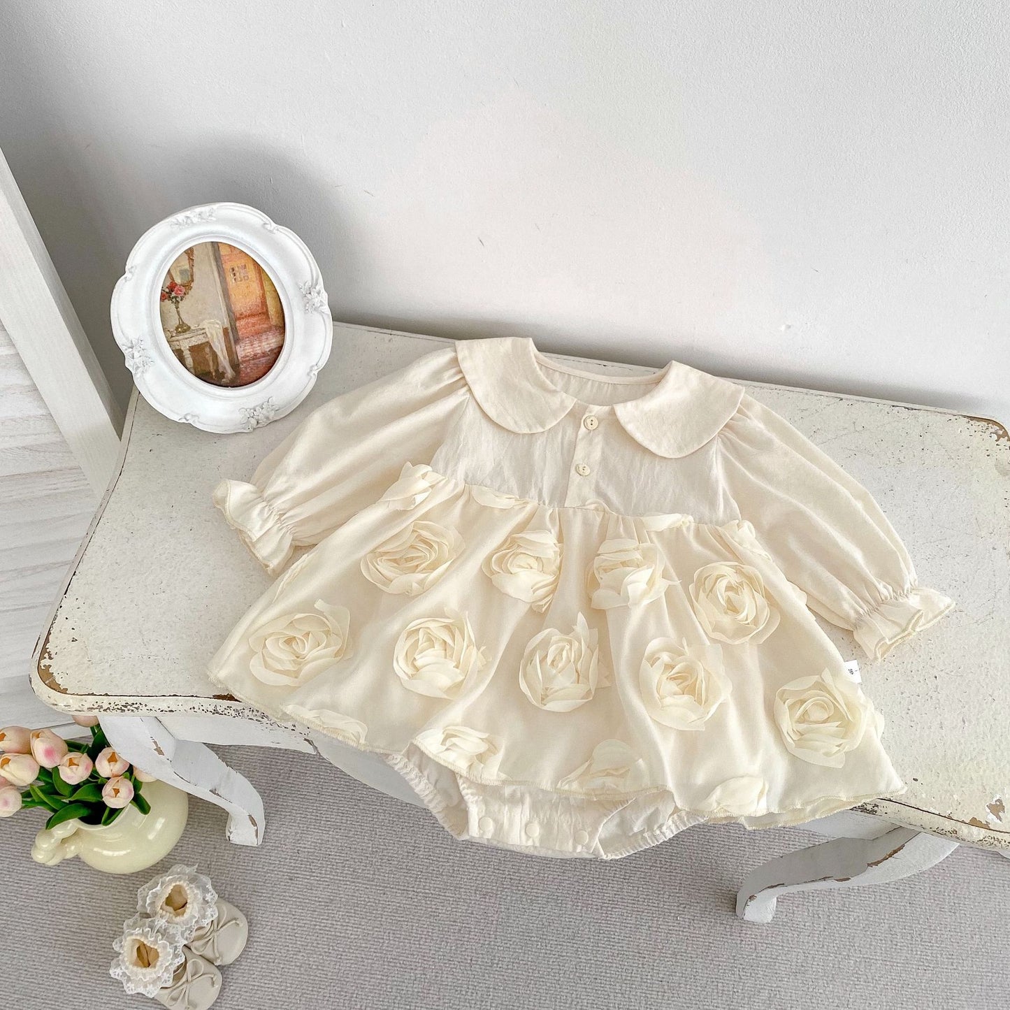 Autumn New Arrival Baby Girls Long Sleeves Solid Color 3D Tulle Flowers Attached Bodysuits Dress