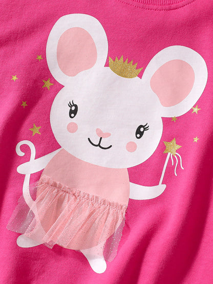 Spring And Autumn Girls Cartoon Princess Mouse Pattern Long Sleeves Crew Neck Top Sweatshirt And Polka Dots Pants Clothing Set