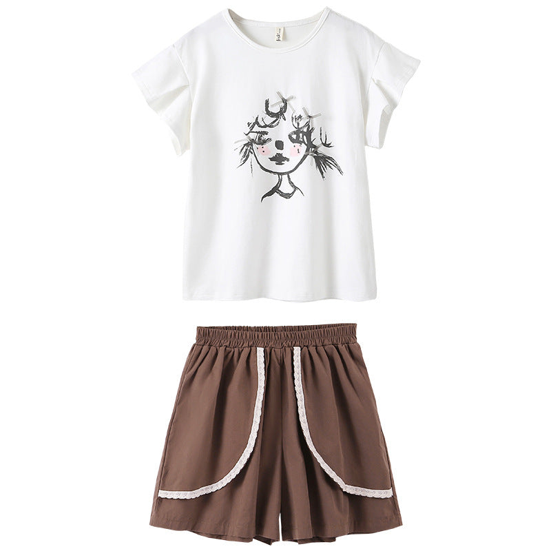 Summer Hot Selling Girls Cartoon Print Short Sleeves T-Shirt And Patchwork Style Shorts Clothing Set