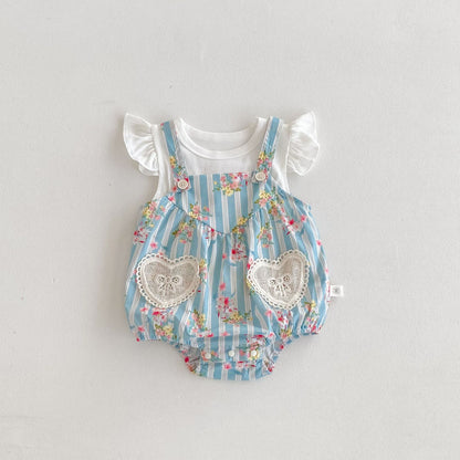 Summer Hot Selling Baby Girls Sleeveless Floral Pattern Strap Onesies And Solid Color Striped Shirt Clothing Set