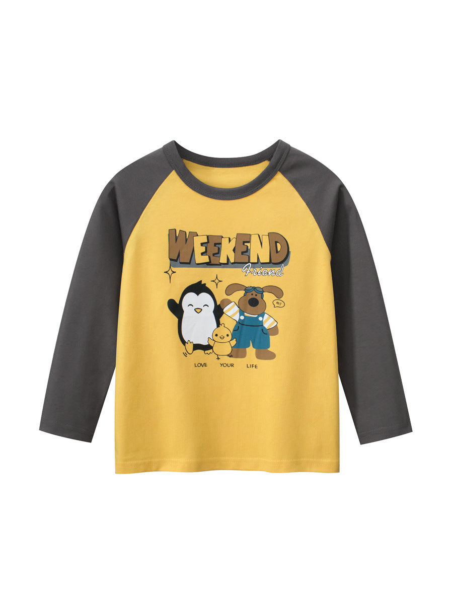 Camisa básica de cuello redondo y manga larga con estampado de animales de dibujos animados para bebés y niños de otoño 