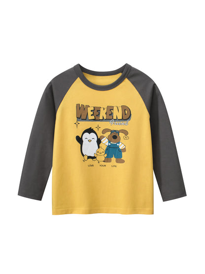 Camisa básica de cuello redondo y manga larga con estampado de animales de dibujos animados para bebés y niños de otoño 