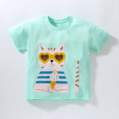 Colección de ropa de verano para niñas: camiseta infantil con estampado de gato y dama de moda 