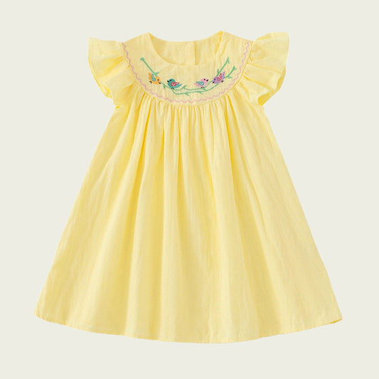 Summer Baby Kids Girls Sleeveless Birds Embroidery Yellow Dress