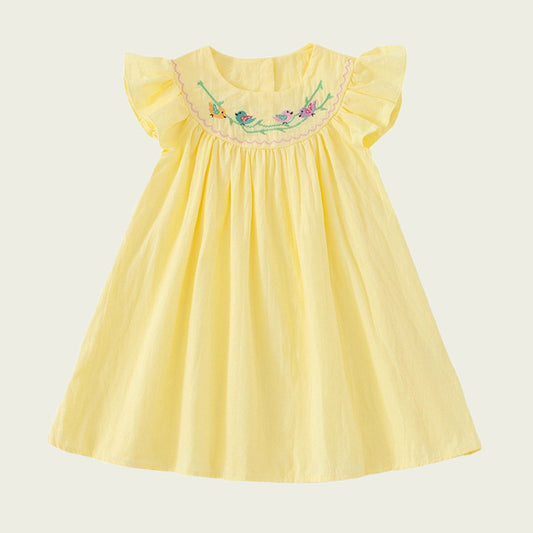 Vestido amarillo sin mangas con bordado de pájaros para niñas y bebés de verano 