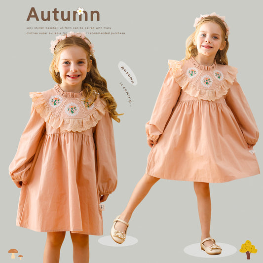 Vestido estilo francés con cuello con volantes y mangas largas con bordado de flores para niñas de otoño 