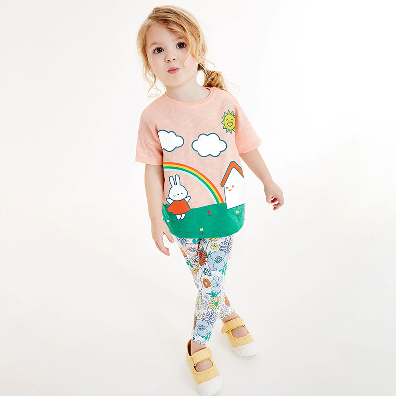 Girls Sunny Day Cartoon T-Shirt And Floral Pants Set