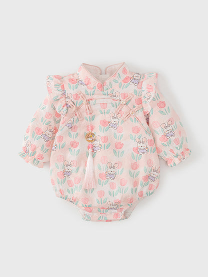 Autumn New Arrival Baby Girls Flowers and Rabbits Pattern Long Sleeves Onesies with Stand Collar