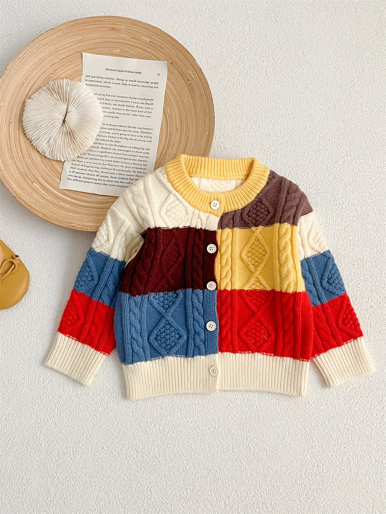 Autumn New Design Baby Kids Unisex Color Patchwork Crew Neck Knitted Cardigan Knitwear