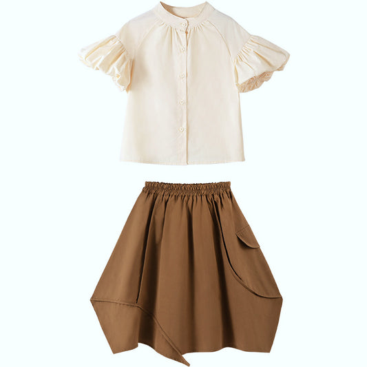 Summer Hot Selling Girls Solid Color Single Breasted Short Sleeves Shirt And Irregular Skirt Clothing Set