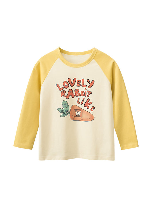 Arrival Kids Girls Cartoon Print Crew Neck Long Sleeves Color Patchwork Shirt