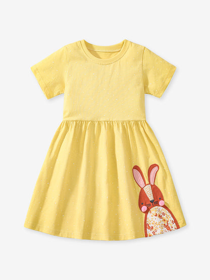 Summer New Arrival Girls’ Rabbits Pattern Crew Neck Short Sleeves Yellow Dress