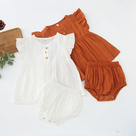 Summer Hot Selling Baby Girls Fly Sleeves Solid Color Top Dress And Bloomers Clothing Set