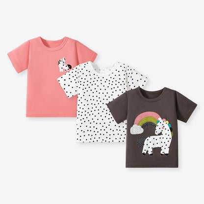 Girls’ Dots Cartoon Pattern Short Sleeves T-shirt in European and American Style for Summer