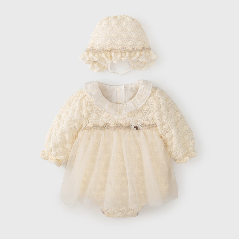 Vestido de tul de otoño con diseño nuevo para niñas pequeñas, mono de manga larga con estampado geométrico y de corazones en color beige, con cuello princesa y sombrero 