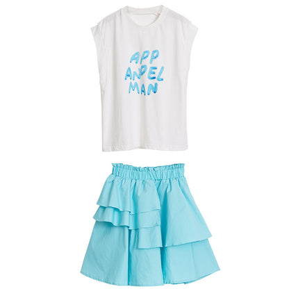 Summer Hot Selling Girls Letters Pattern Sleeveless T-Shirt And Solid Color Pleated Skirts Clothing Set