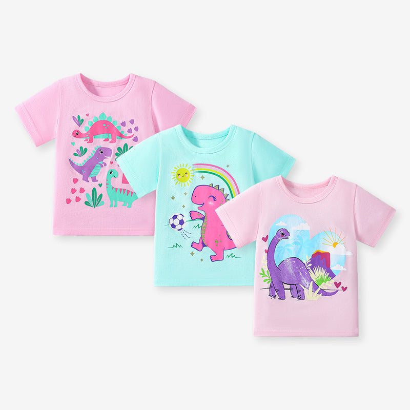 Pieces Girls’ Dinosaurs Cartoon Pattern Short Sleeves T-shirt in European and American Style for Summer