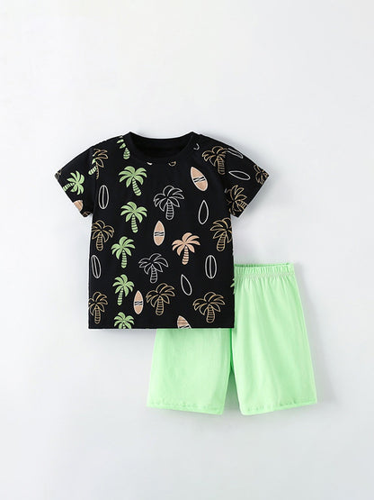 Summer Baby Kids Unisex Tropical Coconut Tree Pattern Short Sleeves T-Shirt And Solid Color Shorts Casual Clothing Set