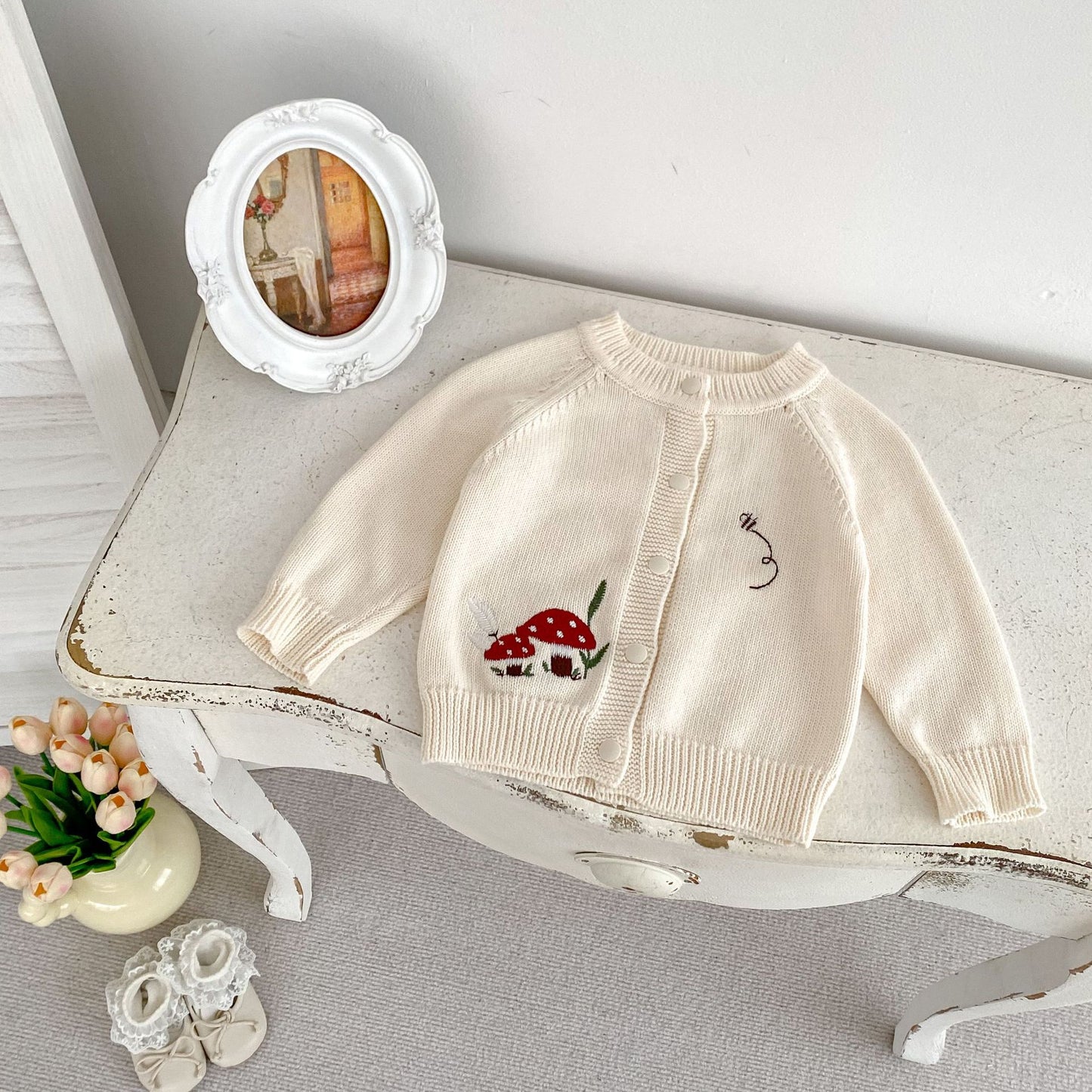 Autumn New Arrival Baby Kids Unisex Comfortable Mushrooms Embroiedery Pattern Knitted Long Sleeves Cardigan