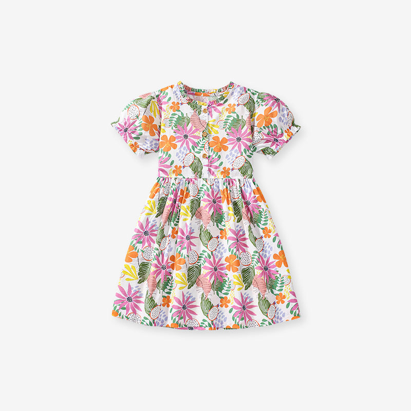 Summer Colorful Floral Dress for Girls, European and American Cute Flowers Printed Dress