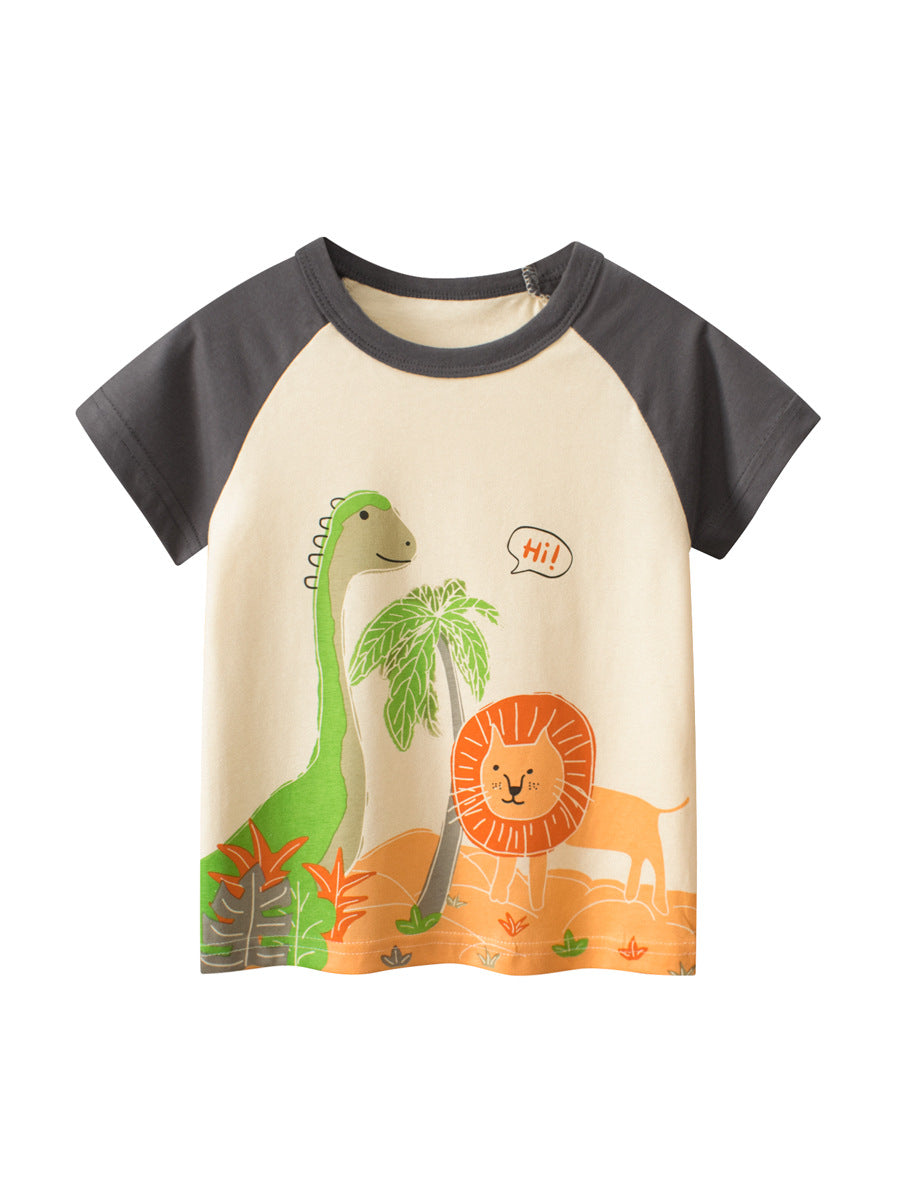 Camiseta con estampado de dibujos animados de dinosaurios y leones para niños en estilo europeo y americano 