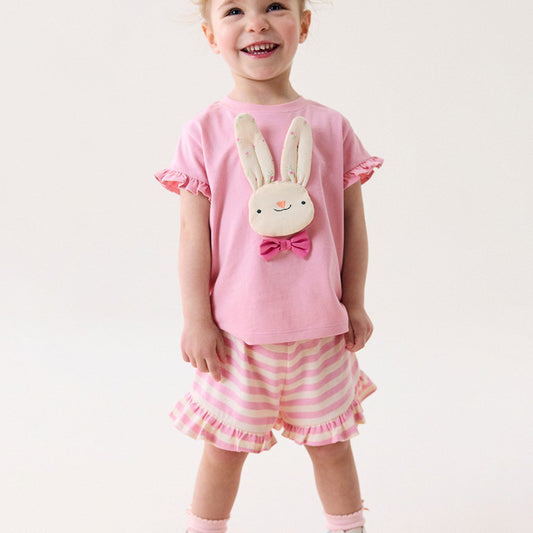 Summer Baby Kids Cartoon Rabbit Pattern T-shirt and Striped Bloomers Clothing Set for Girls