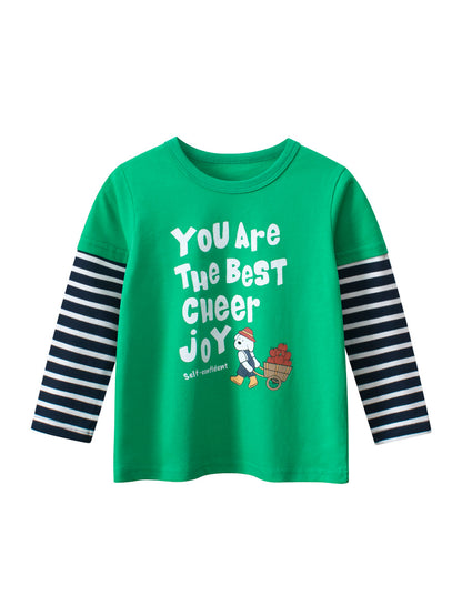 Spring Arrival Kids Girls Cartoon Print Crew Neck Striped Long Sleeves Color Patchwork Top