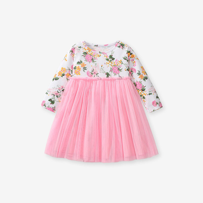 Vestido de princesa con diseño de flores de otoño para niñas, cuello redondo, mangas largas, retazos de tul rosa 