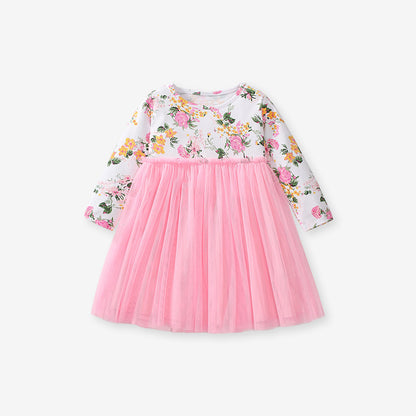 Vestido de princesa con diseño de flores de otoño para niñas, cuello redondo, mangas largas, retazos de tul rosa 