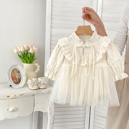 Autumn New Arrival Baby Girls Long Sleeves Stand Collar Floral Embroidery Tulle Onesies Dress