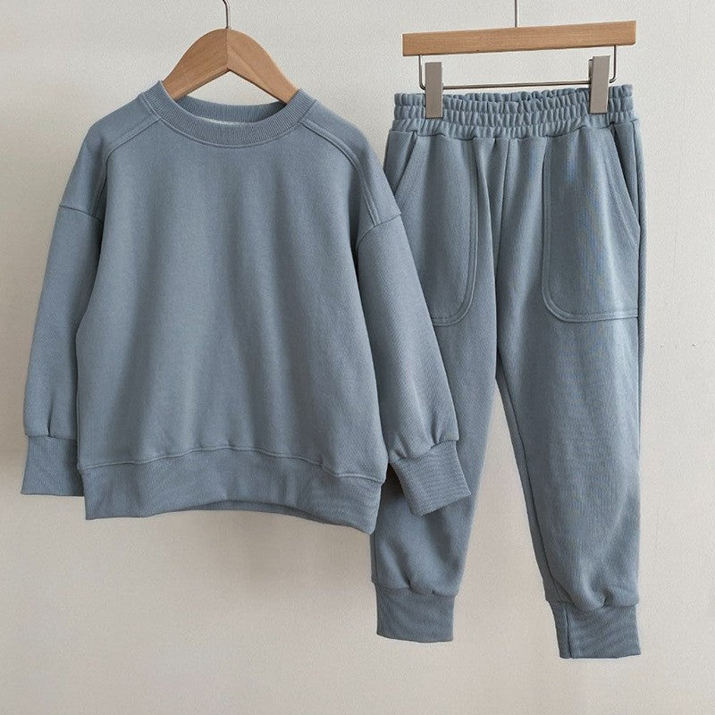 Autumn Baby Kids Unisex Casual Solid Color Long Sleeves Pullover and Pocketed Pants Clothing Set