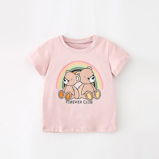 Girls’ Cartoon Teddy Bear Pattern Short Sleeves T-Shirt In European And American Style For Summer