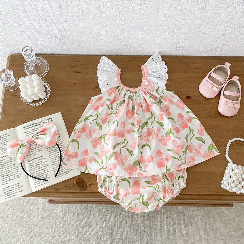 Conjunto de ropa y mono con tirantes de encaje sin mangas con estampado de flores para niñas de verano: conjunto de ropa a juego para hermanas 