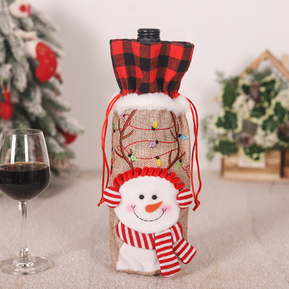 Red and Black Checkered Burlap Wine Bottle Embroidered Christmas Doll Tote Bag