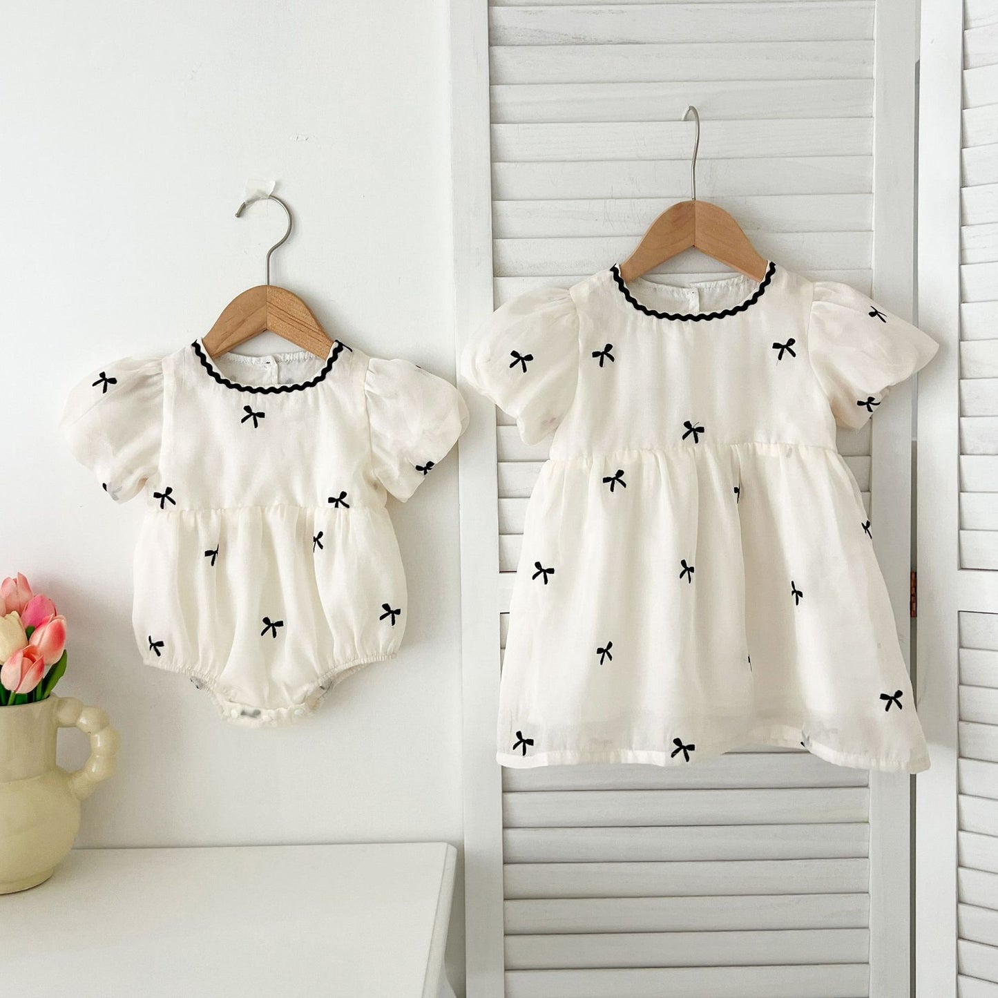 Summer Baby Kids Girls Butterfly Bows Pattern Short Sleeves Crew Neck Onesies And Girls’ Dress – Princess Sister Matching Set