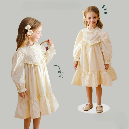 Hot Selling French Style Autumn Girls Flowers Embroidery Pattern Long Sleeves Pleated Dress