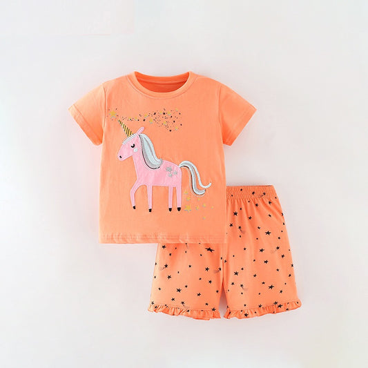 Conjunto de ropa de verano para bebés y niñas con estampado de unicornio y estrellas, camiseta y pantalones cortos 