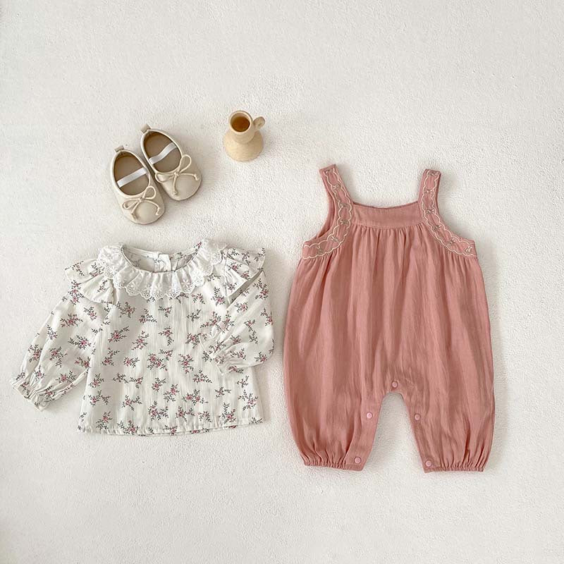 Arrival Autumn Baby Girls Floral Print Long Sleeves Top And Pink Strap Overalls Romper Clothing