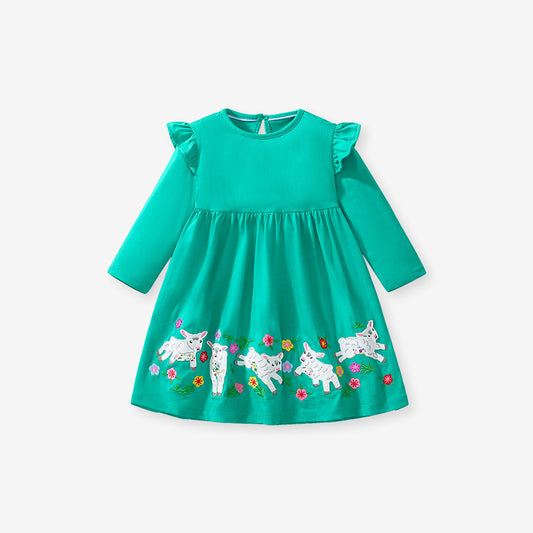 Best Selling Autumn Girls Long Sleeves Cartoon Flowers And Lamb Pattern Crew Neck Dress