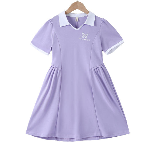 Vestido de verano de manga corta con cuello vuelto, estilo deportivo, morado, para niñas y niños, superventas 