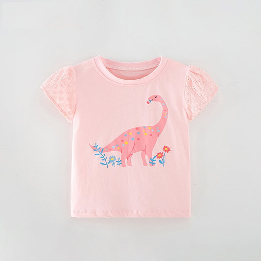 Camiseta de manga corta con estampado de dinosaurio rosa de dibujos animados para niñas en estilo europeo y americano para el verano 