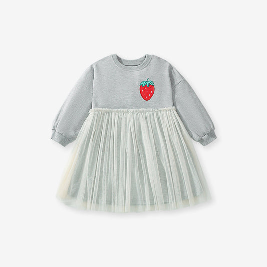 New Arrival Autumn Girls Long Sleeves Strawberry Logo Pattern Crew Neck Long Sleeves Tulle Dress