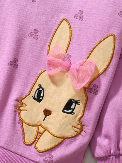 Spring And Autumn Girls Cute Cartoon Rabbit Pattern Long Sleeves Top Dress And Pants Clothing Set