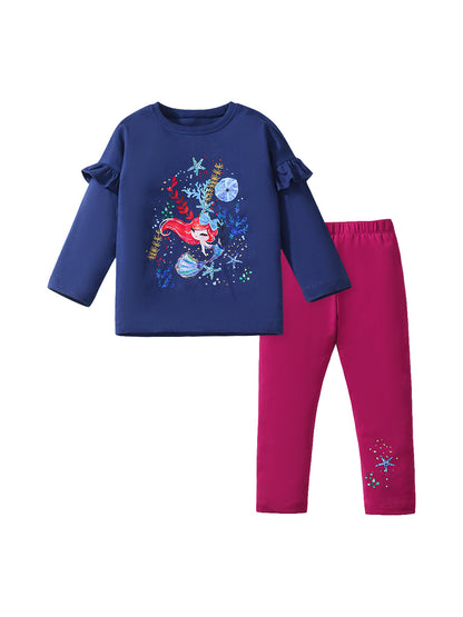 Spring And Autumn Girls Cute Cartoon Mermaid Pattern Long Sleeves Top T-Shirt And Pants Clothing Set