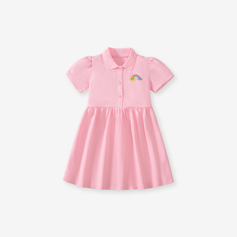 Summer Polo Style Dress for Girls, European and American Cute Rainbow Embroidery Pattern Dress