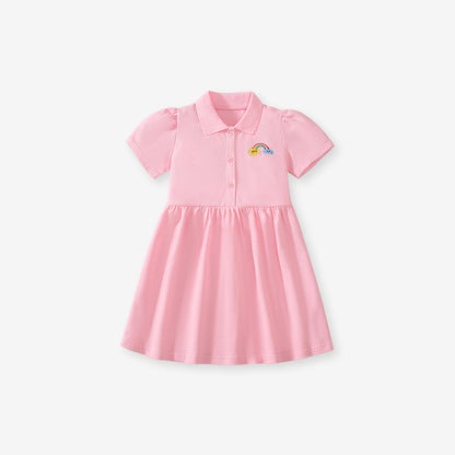 Summer Polo Style Dress for Girls, European and American Cute Rainbow Embroidery Pattern Dress